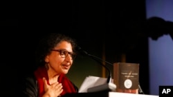 Author Geetanjali Shree delivers her acceptance speech after winning the 2022 International Booker Prize for her novel 'Tomb of Sand' in London, May 26, 2022. 