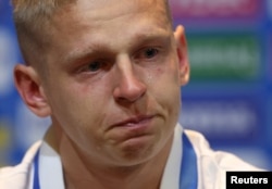 Ukraine's Oleksandr Zinchenko reacts during the press conference, Glasgow, Scotland, May 31, 2022. (Action Images/Reuters)