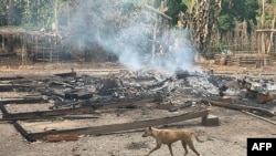 This photo from humanitarian group Free Burma Rangers taken May 3, 2022, shows a dog running past the burning remains of a building after airstrikes and mortar attacks by the Myanmar military.