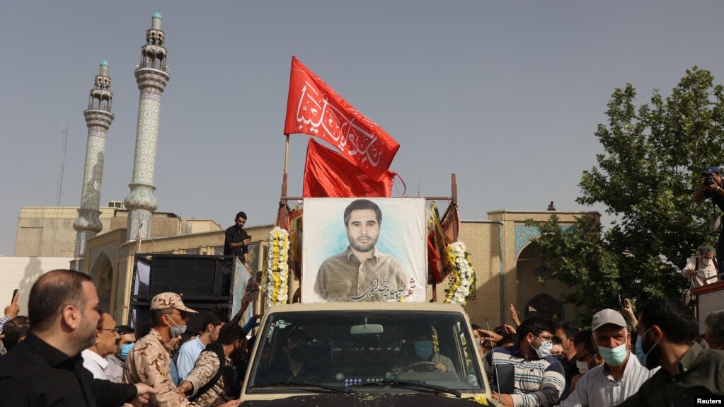 A picture of Colonel Sayad Khodai, a member of Iran's Islamic Revolution Guards is seen at his funeral ceremony, in Tehran, Iran, May 24, 2022.