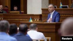 Poland's President Andrzej Duda addresses lawmakers during a session of the Ukrainian parliament, as Russia's attack on Ukraine continues, in Kyiv, Ukraine May 22, 2022. ( Ukrainian Presidential Press Service/Handout via Reuters) 