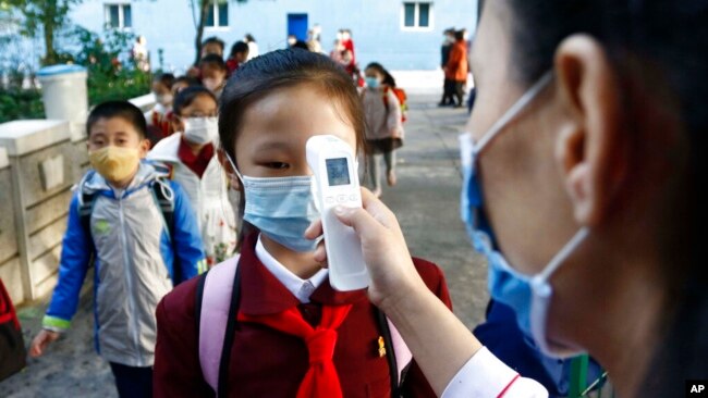 지난해 10월 북한 평양의 한 학교에서 교사가 등교하는 학생의 체온을 재고 있다.