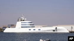 The 118-meter (387-foot) 'Motor Yacht A' belonging to Russian oligarch Andrey Melnichenko is anchored in the port of Ras al-Khaimah, United Arab Emirates, May 31, 2022.