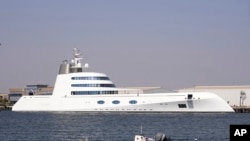 The 118-meter (387-foot) Motor Yacht A belonging to Russian oligarch Andrey Melnichenko is anchored in the port of Ras al-Khaimah, United Arab Emirates, Tuesday, May 31, 2022.