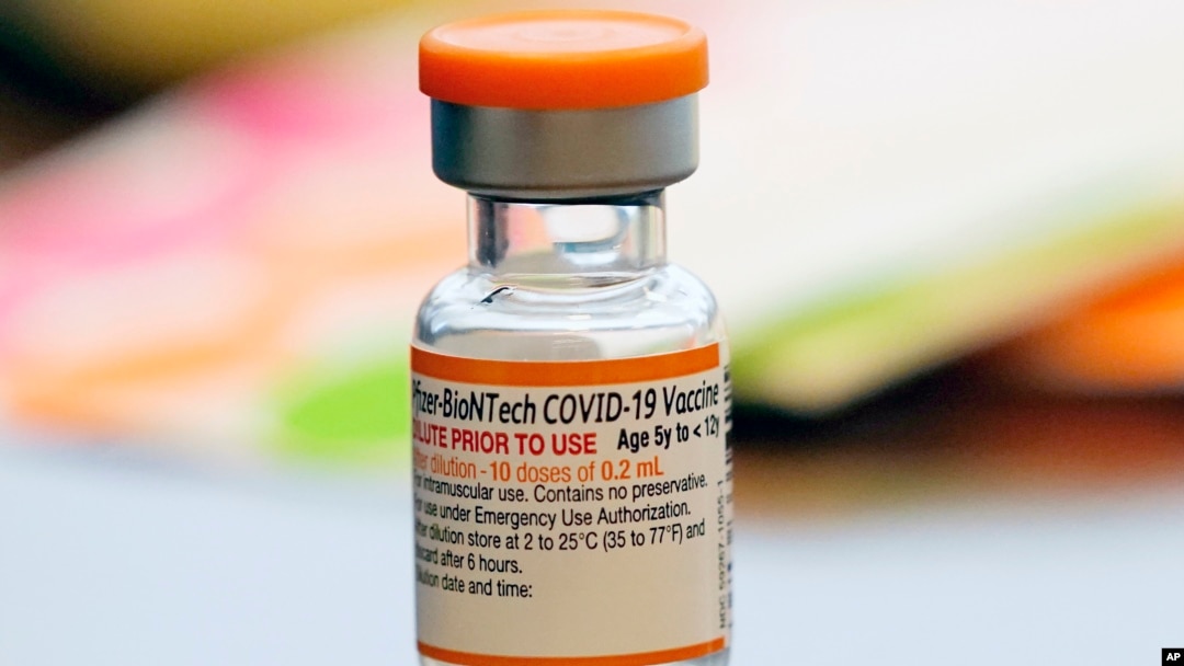 FILE - A vial of the Pfizer-BioNTech COVID-19 vaccine for children 5 to 12 years old sits ready for use at a vaccination site in Fort Worth, Texas, Nov. 11, 2021.