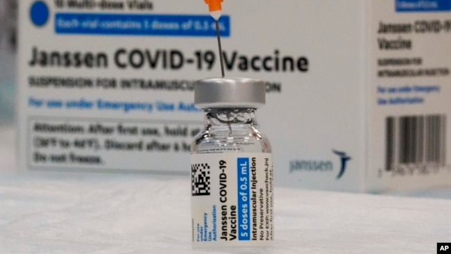 FILE - In this April 8, 2021 file photo, the Johnson & Johnson COVID-19 vaccine is seen at a pop up vaccination site in the Staten Island borough of New York. American health officials have placed strong restrictions on the use of the vaccine.(AP Photo/Mary Altaffer, File)
