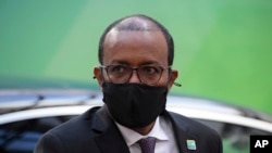 FILE - Somalia's Minister of Foreign Affairs Abdisaid Muse Ali arrives for an EU Africa summit at the European Council building in Brussels, Feb. 17, 2022.