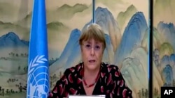 In this image made from online video, United Nations High Commissioner for Human Rights Michelle Bachelet speaks during an online press conference in Guangzhou in southern China's Guangdong Province, May 28, 2022.