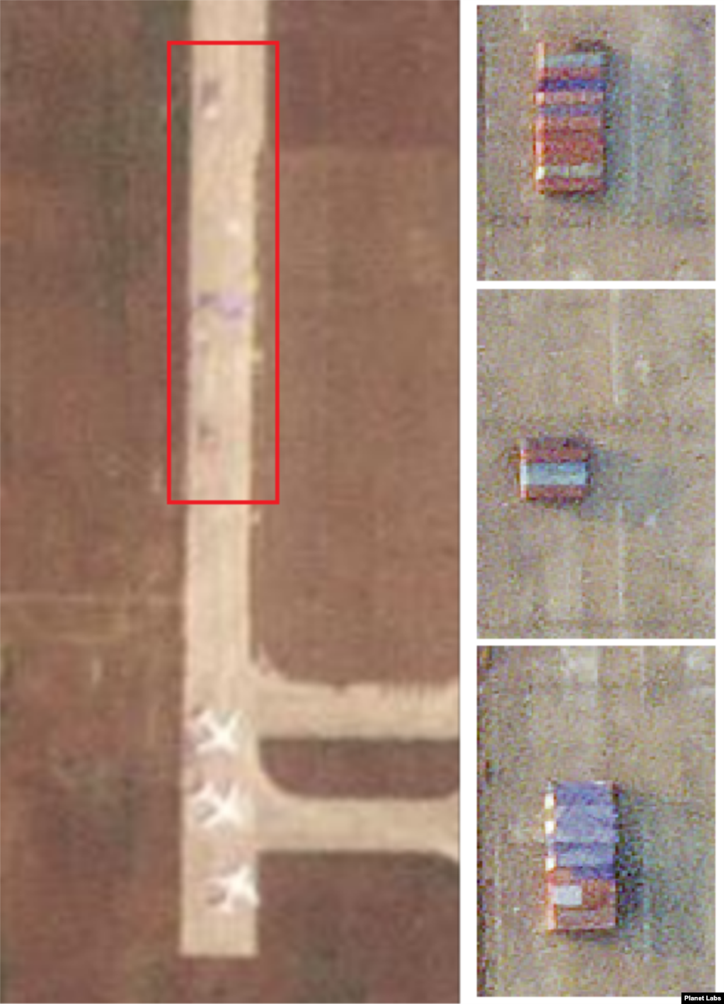 평양 순안공항의 북부 활주로 지대를 촬영한 1일 자 위성사진. 중국을 다녀온 수송기가 여전히 격리 중인 가운데 중국에서 건너온 것으로 추정되는 화물(사각형 안)이 놓여 있다. 오른쪽은 지난달 18일 촬영한 고화질 위성사진. 자료=Planet Labs.