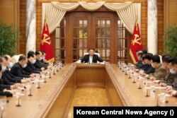 North Korea's Politburo meets in response to the COVID-19 crisis, in May 2022. (Korean Central News Agency)