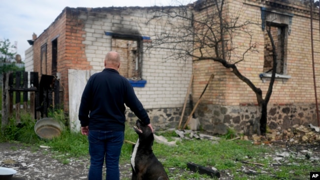 Eduard Zelenskyy acaricia a su perro en su casa destruida por los ataques en Potashnya, en las afueras de Kyiv, Ucrania, el 31 de mayo de 2022. Después de escapar de la guerra, Zelenskyy regresó a su comunidad y descubrió que no tiene hogar.