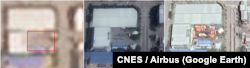 7일 개성공단의 한 공장 건물 앞 공터에 붉은 색 물체가 놓여 있는 모습(왼쪽, 자료=Planet Labs). 지난해 5월 위성사진(가운데, Maxar Technologies 촬영)에는 해당 장소가 비어 있는데 공장 가동이 한창이던 2015년 촬영된 위성사진(CNES / Airbus 촬영)에서 붉은색 물체가 확인된다. (자료=Google Earth)
