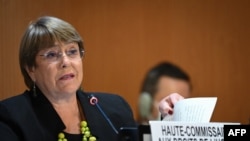“I am dismayed at the reported decision of the Taliban to dissolve the country’s Independent Human Rights Commission,” said U.N. High Commissioner for Human Rights Michelle Bachelet, shown on Feb. 28, 2022 delivering opening remarks in Geneva.
