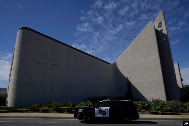 A patrol vehicle is seen outside Geneva Presbyterian Church in Laguna Woods, Calif., May 15, 2022, after a fatal shooting.