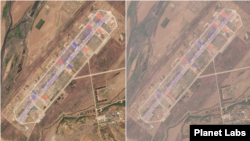 의주비행장을 촬영한 5월 9일(왼쪽)과 19일 위성사진. 화물의 모양과 숫자 등에 변화가 거의 없다. 자료=Planet Labs
