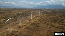 File - An aerial view of power-generating wind turbines at the Lake Turkana Wind Power project (LTWP) in Loiyangalani district, Marsabit County, northern Kenya, September 4, 2018. Picture taken September 4, 2018. 