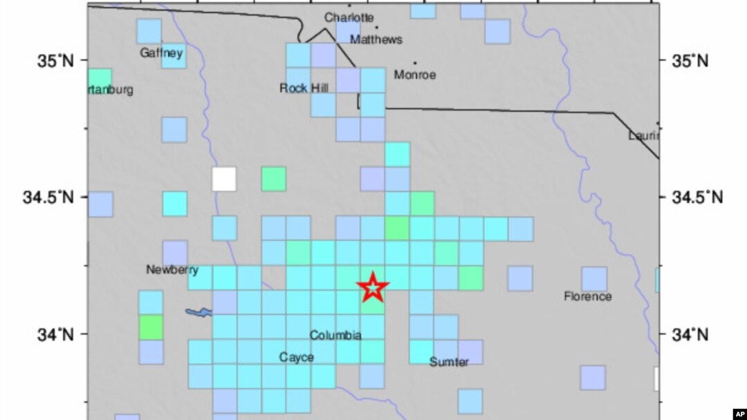 Un mapa del Servicio Geológico de EEUU, USGS, muestra el sitio del terremoto ocurrido en Carolina del Sur el lunes, 9 de mayo de 2022.