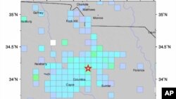 Un mapa del Servicio Geológico de EEUU, USGS, muestra el sitio del terremoto ocurrido en Carolina del Sur el lunes, 9 de mayo de 2022.