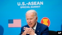 美国总统乔·拜登(Joe Biden)2022年5月13日星期五在华盛顿国务院参加美国-东盟特别峰会，纪念美国-东盟建立关系45周年。