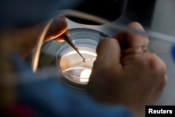 An employee demonstrates the work process before freezing eggs in a Fertility Research lab at Cha Fertility Center in Bundang, South Korea, April 30, 2022. (REUTERS/Heo Ran)