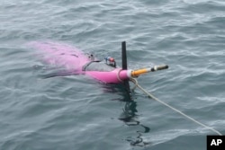 This May 4, 2022, photo shows an underwater glider bobbing in the Gulf of Alaska. The glider was fitted with special sensors to study ocean acidification. (AP Photo/Mark Thiessen)