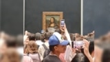 Man in wig throws cake at glass protecting Mona Lisa