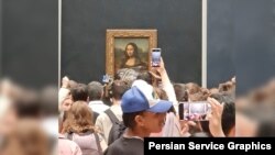 Man in wig throws cake at glass protecting Mona Lisa