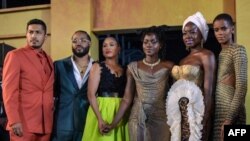 "Black Panther: Wakanda Forever" Tenoch Huerta, U.S. director Ryan Coogler and his wife Zinzi Evans, Kenyan actor Lupita Nyong'o, U.S. actor Danai Gurira, and Guyanese actor Letitia Wright arrive for the African premiere of the film in Lagos, on November 6, 2022. (AFP) 