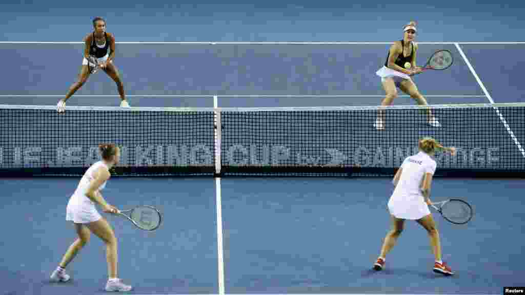 Canada&#39;s Leylah Fernandez (top left) and Gabriela Dabrowski take on Switzerland&#39;s Simona Waltert (bottom left) and Jil Teichmann in the Billie Jean King Cup at Emirates Arena in Glasgow, Scotland.