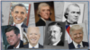 აშშ-ის პრეზიდენტების, საათის ისრის მიმართულებით, ზემოდან: ბარაკ ობამა, თომას ჯეფერსონი, ენდრიუ ჯონსონი, დონალდ ტრამპი, ტედი რუსველტი, ჯო ბაიდენი, ჯონ კენედი.