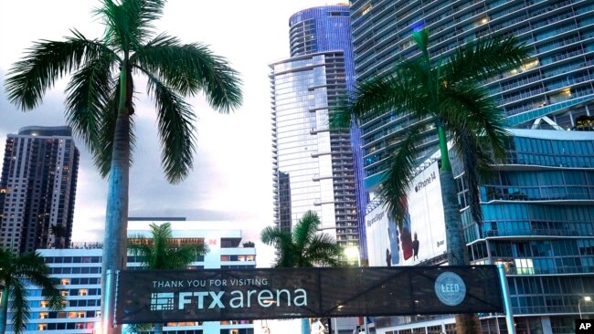 Signage for the FTX Arena, where the Miami Heat basketball team plays, is visible Saturday, Nov. 12, 2022, in Miami.