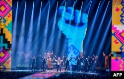 Ukrainian band Kalush Orchestra performs on stage during the 2022 MTV Europe Music Awards in Düsseldorf, Germany, Nov. 13, 2022.