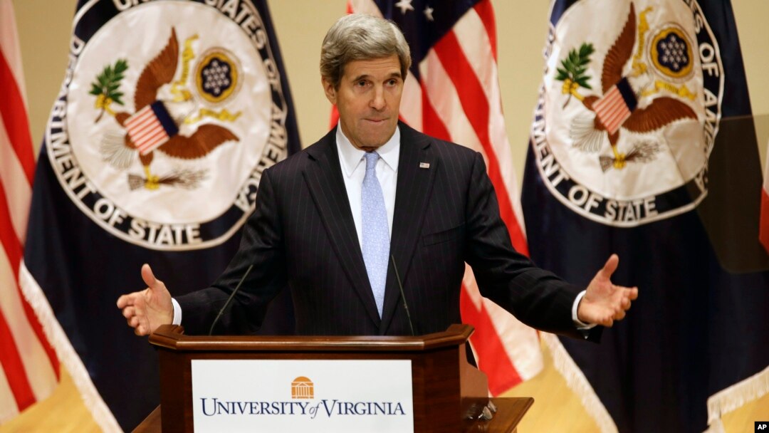 Secretary of State John Kerry delivers his first foreign policy speech, Feb. 20, 2013, at the University of Virginia in Charlottesville, Va.