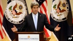 Secretary of State John Kerry delivers his first foreign policy speech, Feb. 20, 2013, at the University of Virginia in Charlottesville, Va.