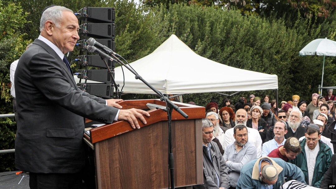 Israel's prime minister-designate Benjamin Netanyahu speaks during the funeral of Israeli Orthodox Jewish rabbi Haim Drukman, a spiritual leader of the nationalist Religious Orthodox Jewish movement, at Merkaz Shapira near Kiryat Malachi on Dec. 26, 2022.