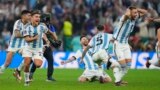 Argentinian players celebrate after winning penalty shootout during the World Cup final soccer match between Argentina and France at the Lusail Stadium in Lusail, Qatar, Dec. 18, 2022.