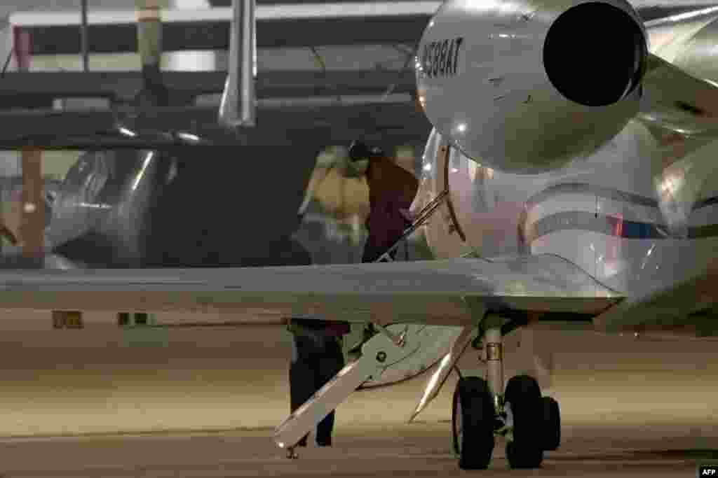 American basketball star Brittney Griner gets out of a plane after landing at the JBSA-Kelly Field Annex runway in San Antonio, Texas, after she was released from a Russian prison in exchange for an arms dealer.