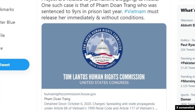 Uỷ ban Nhân quyền Tom Lantos kêu gọi chính quyền Việt Nam trả tự do cho nhà báo Phạm Đoan Trang. Photo Twitter Tom Lantos Human Rights Commission.