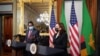 FILE - U.S. Vice President Kamala Harris (R) holds a meeting with Zambia's President Hakainde Hichilema Zambia in the Eisenhower Executive Office Building, next to the White House, in Washington, D.C. on Sept. 22, 2021.