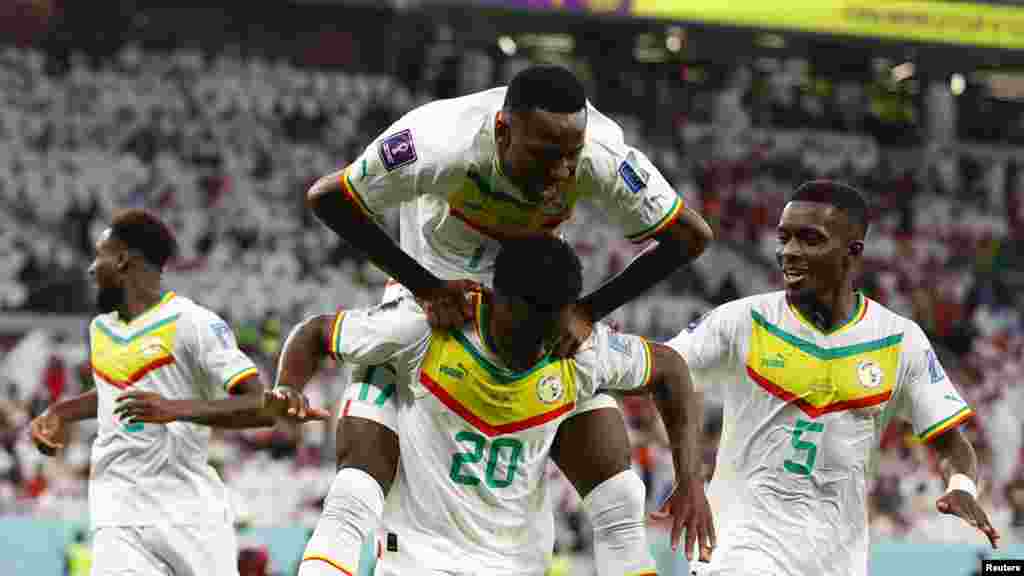 Os jogadores do Senegal Bamba Dieng, Pape Matar Sarr e Idrissa Gana Gueye celebram um golo contra o Qatar no estádio Thumama, em Doha. Mundial do Qatar 2022, 25 de novembro