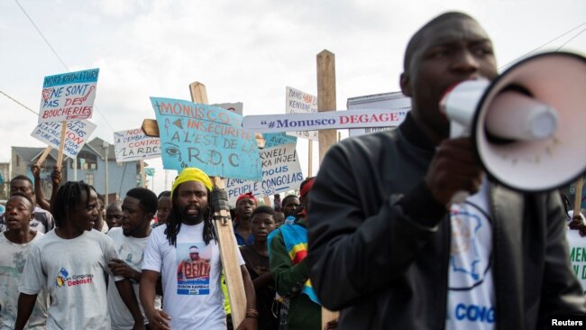 Congolese residents protest the deployment of a regional force which they see as ineffective in tackling resurgent rebels following renewed tensions around Goma in the North Kivu province of the Democratic Republic of Congo, Dec. 1, 2022.