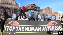 Actor and activist James Cromwell, third left, called on world leaders to act in the talks at COP15 in Montreal, Canada, Dec. 15, 2022, in this image distributed by Avaaz.