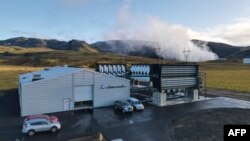 The Climeworks factory seen on Oct. 11, 2021, near Reykjavik, Iceland. The facility at the base of a volcano has successfully removed carbon dioxide from the atmosphere. 