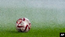 A ball is seen at a field prior to a training session in Doha, Qatar, Dec. 12, 2022.