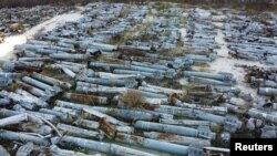 A view shows remains of MLRS shells used by Russian troops for military strikes of the city and collected by sappers in Kharkiv, Ukraine, Nov. 29, 2022.