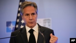 FILE - U.S. Secretary of State Antony Blinken speaks at a press conference held as part of a NATO meeting in Bucharest, Romania, Nov. 30, 2022.