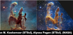 Pillars of Creation (imágenes de Hubble y Webb una al lado de la otra), cortesía de NASA, ESA, CSA, STScI;  Joseph DePasquale (STScI), Anton M. Koekemoer (STScI), Alyssa Pagan (STScI).