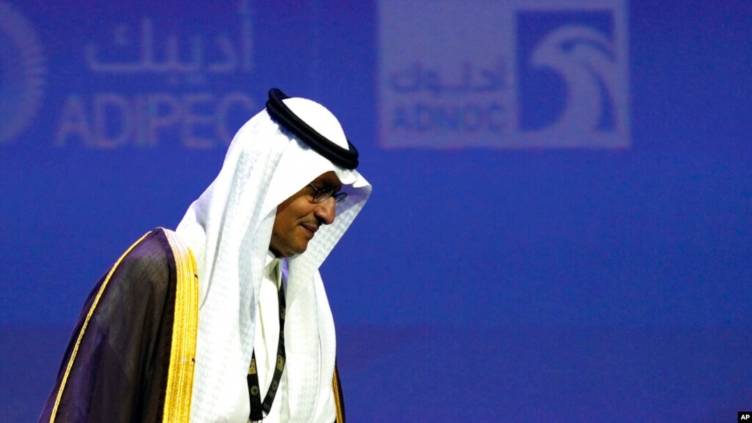 FILE - Saudi Arabia's Energy Minister Prince Abdulaziz bin Salman leaves the podium after his speech at the Abu Dhabi International Petroleum Exhibition & Conference in Abu Dhabi, United Arab Emirates, Oct. 31, 2022.