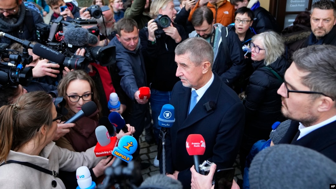 Presidential candidate Andrej Babis talks to media after casting a vote in Pruhonice, Czech Republic, Jan. 13, 2023.