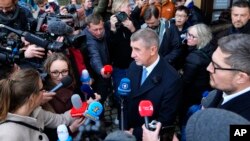 Presidential candidate Andrej Babis talks to media after casting a vote in Pruhonice, Czech Republic, Jan. 13, 2023.